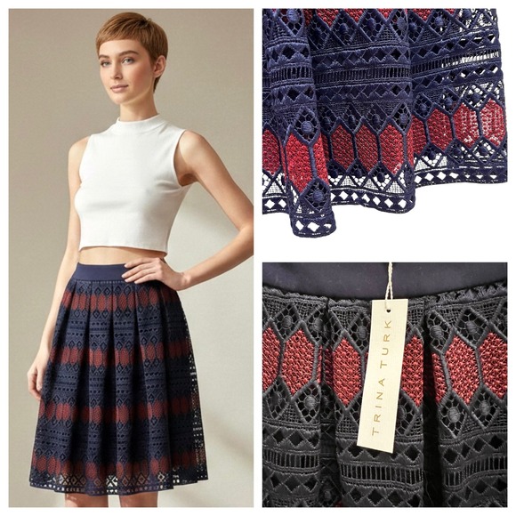 Trina Turk Dresses & Skirts - New Trina Turk LeLand Diamond Embroidered Lace Skirt Navy Red Sz 6 NWT Fairygoth